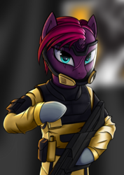 Size: 1960x2776 | Tagged: safe, artist:koshakevich, tempest shadow, pony, unicorn, semi-anthro, g4, bipedal, broken horn, clothes, crossover, eye scar, female, finka, horn, looking at you, mare, rainbow six siege, scar, solo, weapon