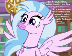 Size: 896x704 | Tagged: safe, edit, edited screencap, editor:korora, screencap, silverstream, classical hippogriff, hippogriff, g4, what lies beneath, book, bronybait, cropped, cute, diastreamies, faic, implied fluttershy, implied gallus, implied ocellus, implied sandbar, implied smolder, implied yona, jewelry, library, necklace, school of friendship, smiling, text