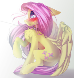 Size: 2000x2098 | Tagged: safe, artist:jun1313, fluttershy, pegasus, pony, g4, blushing, butt, chest fluff, collar, female, floppy ears, flutterpet, high res, leash, looking at something, mare, offscreen character, pet play, plot, raised hoof, signature, simple background, sitting, solo, spread wings, wings