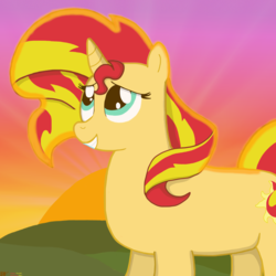 Size: 3000x3000 | Tagged: safe, artist:devfield, sunset shimmer, pony, unicorn, g4, cute, cutie mark, female, glowing, high res, mare, outdoors, shimmerbetes, smiling, solo, sunset, sunset shimmer day, sunshine shimmer, two toned mane