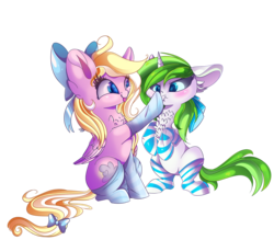 Size: 2278x2000 | Tagged: safe, artist:hagalazka, derpibooru exclusive, oc, oc only, oc:bay breeze, oc:minty root, pegasus, pony, unicorn, :p, :t, angry, blushing, boop, bow, chest fluff, clothes, colored pupils, cross-eyed, cute, ear fluff, eye contact, faic, female, floppy ears, frown, glare, grumpy, hair bow, high res, leg fluff, looking at each other, mare, ocbetes, scrunchy face, shoulder fluff, silly, simple background, sitting, smiling, smirk, socks, starry eyes, striped socks, tail bow, tongue out, transparent background, twiface, unamused, wavy mouth, wing fluff, wingding eyes