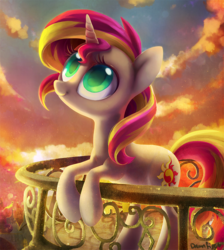 Size: 983x1095 | Tagged: safe, artist:dawnfire, sunset shimmer, pony, unicorn, g4, afternoon, balcony, bipedal, colored pupils, cute, cutie mark, female, horn, looking up, shimmerbetes, smiling, solo, stray strand, sunset, sunset shimmer day, sunshine shimmer