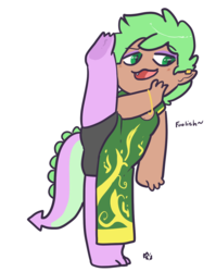 Size: 1086x1362 | Tagged: safe, artist:mt, oc, oc only, oc:thistle, satyr, ass, butt, cheongsam, clothes, compression shorts, female, flexible, offspring, parent:spike, smug, solo