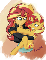 Size: 1654x2171 | Tagged: safe, artist:mandy1412, sunset shimmer, human, pony, unicorn, equestria girls, g4, clothes, cute, cutie mark, duo, female, holding a pony, human ponidox, jacket, mare, self ponidox, shimmerbetes, sunset shimmer day, unsure