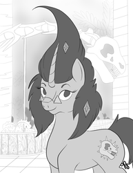 Size: 2550x3300 | Tagged: safe, artist:overlord pony, oc, oc only, oc:nuclear blossom, pony, black and white, glasses, grayscale, high res, monochrome, museum, nonbinary, ponysaur, smiling, solo