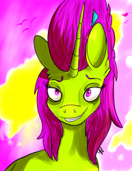 Size: 2975x3850 | Tagged: safe, artist:overlord pony, oc, oc only, oc:nuclear blossom, pony, unicorn, abstract background, bags under eyes, high res, nonbinary, smiling, tired