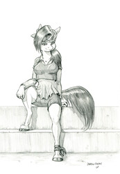 Size: 1000x1448 | Tagged: safe, artist:baron engel, rarity, anthro, unguligrade anthro, friendship university, g4, alternate hairstyle, backwards ballcap, baseball cap, breasts, cap, clothes, disguise, female, grayscale, hat, looking at you, mare, monochrome, pencil drawing, plainity, simple background, sitting, smiling, smirk, solo, traditional art, white background
