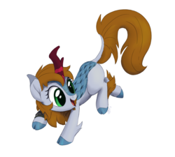 Size: 1400x1260 | Tagged: safe, artist:brisineo, edit, oc, oc only, oc:littlepip, kirin, fallout equestria, g4, sounds of silence, cloven hooves, colored sketch, fanfic, fanfic art, female, hooves, horn, kirin-ified, leaping, open mouth, pipbuck, prancing, simple background, smiling, solo, species swap, white background