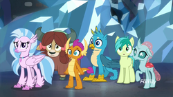 Size: 1920x1080 | Tagged: safe, screencap, gallus, ocellus, sandbar, silverstream, smolder, yona, changedling, changeling, classical hippogriff, dragon, earth pony, griffon, hippogriff, pony, yak, g4, what lies beneath, bow, cloven hooves, crystal, discovery family, discovery family logo, dragoness, female, hair bow, jewelry, logo, male, monkey swings, necklace, student six