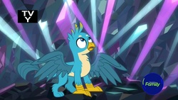 Size: 1920x1080 | Tagged: safe, screencap, gallus, griffon, g4, what lies beneath, discovery family, discovery family logo, light, logo, male, nightmare cave, paws, solo, tv rating, tv-y, wings