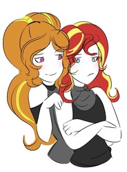 Size: 930x1265 | Tagged: safe, artist:horsegirlpodcast, adagio dazzle, sunset shimmer, equestria girls, g4, alternate clothes, blushing, female, lesbian, no nose, ship:sunsagio, shipping, simple background, white background