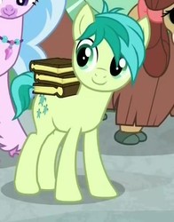 Size: 372x474 | Tagged: safe, screencap, sandbar, silverstream, yona, classical hippogriff, earth pony, hippogriff, pony, g4, what lies beneath, book, cropped, cute, male, offscreen character, sandabetes, smiling