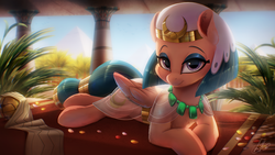 Size: 2500x1406 | Tagged: safe, artist:light262, somnambula, pegasus, pony, daring done?, g4, adorasexy, apple of eden, assassin's creed, beautiful, bedroom eyes, chest fluff, clothes, crossover, cute, ear fluff, egyptian, eyeshadow, female, headdress, jewelry, looking at you, makeup, mare, necklace, pretty, prone, smiling, solo, somnambetes, wings