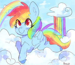 Size: 580x500 | Tagged: safe, artist:aarwyt, rainbow dash, pegasus, pony, g4, cloud, cute, dashabetes, female, rainbow, solo