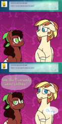 Size: 680x1360 | Tagged: safe, artist:faith-wolff, oc, oc only, oc:autumn breeze, oc:honeycrisp, earth pony, pegasus, pony, abstract background, ask, chest fluff, clothes, coat markings, colored hooves, duo, facial markings, faithverse, female, freckles, hairband, headscarf, mare, next generation, no pupils, offspring, parent:applejack, parent:bulk biceps, parent:fluttershy, parent:trouble shoes, parents:flutterbulk, parents:troublejack, scarf, star (coat marking), tumblr, we don't normally wear clothes