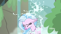 Size: 1920x1080 | Tagged: safe, screencap, silverstream, classical hippogriff, hippogriff, g4, what lies beneath, animation error, discovery family, discovery family logo, eyes closed, female, logo, solo, water, waterfall, wet