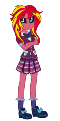 Size: 500x1000 | Tagged: dead source, safe, artist:wubcakeva, sunset shimmer, equestria girls, g4, casual, clothes, clothes swap, crossed arms, crystal prep academy uniform, female, pleated skirt, school uniform, shoes, simple background, skirt, socks, solo, sunset satan, transparent background