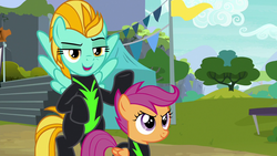 Size: 1280x720 | Tagged: safe, screencap, lightning dust, scootaloo, pegasus, pony, g4, the washouts (episode), bleachers, clothes, duo, female, filly, flag, foal, mare, tree, uniform, washouts uniform