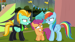 Size: 1280x720 | Tagged: safe, screencap, lightning dust, rainbow dash, scootaloo, pegasus, pony, g4, the washouts (episode), angry, clothes, curtains, female, filly, flag, mare, ramp, trio, uniform, washouts uniform