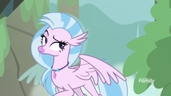 Size: 1920x1080 | Tagged: safe, screencap, silverstream, classical hippogriff, hippogriff, g4, what lies beneath, animation error, discovery family, discovery family logo, female, lidded eyes, logo, solo, waterfall