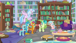 Size: 1280x720 | Tagged: safe, screencap, cozy glow, gallus, ocellus, sandbar, silverstream, smolder, yona, changedling, changeling, classical hippogriff, dragon, earth pony, griffon, hippogriff, pegasus, pony, yak, g4, what lies beneath, armchair, book, bookshelf, chair, dragoness, female, filly, foal, ladder, library, male, school of friendship, student six, teenager