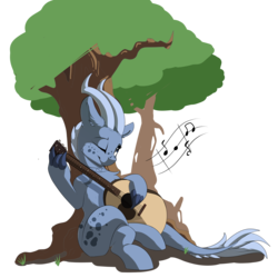 Size: 3000x3000 | Tagged: safe, artist:beardie, oc, oc only, kirin, commission, guitar, high res, horns, music notes, simple background, solo, transparent background, tree, under the tree