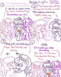 Size: 1280x1611 | Tagged: safe, artist:adorkabletwilightandfriends, lily, lily valley, spike, starlight glimmer, twilight sparkle, alicorn, dragon, earth pony, pony, unicorn, comic:adorkable twilight and friends, g4, adorkable, adorkable twilight, comic, couch, cute, dork, electricity, food, humor, lineart, movie night, popcorn, sitting, slice of life, snacks, twilight sparkle (alicorn)