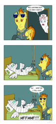 Size: 1024x2250 | Tagged: safe, artist:scyphi, lightning dust, nurse redheart, spitfire, g4, the washouts (episode), body cast, comic, full body wing and hoof cast drinking through a straw, i told you so, injured