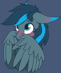 Size: 2000x2409 | Tagged: safe, artist:phenya, oc, oc only, oc:rosy firefly, pegasus, pony, blue background, blue eyes, blushing, chest fluff, cute, ear blush, ear fluff, floppy ears, high res, male, shy, simple background, solo, stallion, sticker, wings