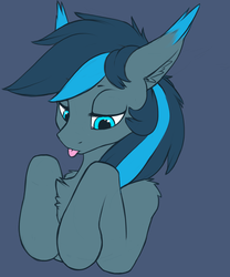 Size: 2000x2409 | Tagged: safe, artist:phenya, oc, oc only, oc:rosy firefly, pony, :p, blue background, blue eyes, chest fluff, ear fluff, high res, looking down, male, silly, simple background, solo, stallion, tongue out