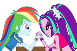 Size: 6000x4000 | Tagged: safe, artist:spottedlions, aria blaze, rainbow dash, equestria girls, equestria girls series, g4, my little pony equestria girls: rainbow rocks, absurd resolution, arm wrestling, clothes, friendshipping, hands together, midriff, simple background, table, white background