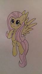 Size: 918x1632 | Tagged: safe, artist:kitcrush, fluttershy, pegasus, pony, g4, female, looking up, mare, solo, spread wings, three quarter view, traditional art, wings