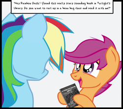 Size: 1727x1534 | Tagged: safe, artist:aaronmk, rainbow dash, scootaloo, g4, beanbag chair, book, dialogue, excited, happy, mark fisher, vector