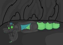Size: 1800x1300 | Tagged: safe, artist:krumpcakes, queen chrysalis, changeling, changeling queen, g4, alternate design, alternate universe, cave, female, pregnant, sleeping