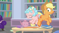 Size: 1280x720 | Tagged: safe, screencap, applejack, cozy glow, ocellus, earth pony, pegasus, pony, g4, what lies beneath, book, bookshelf, butt bump, disguise, disguised changeling, duo, eyes closed, fake applejack, female, filly, mare, table