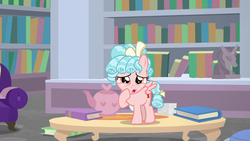 Size: 1280x720 | Tagged: safe, screencap, cozy glow, pegasus, pony, g4, what lies beneath, book, bookshelf, female, filly, foal, solo, table