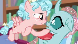 Size: 1280x720 | Tagged: safe, screencap, cozy glow, ocellus, changedling, changeling, pegasus, pony, g4, what lies beneath, bookshelf, boop, bow, duo, female, filly, foal, noseboop, tail bow