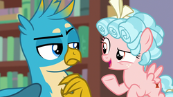 Size: 1280x720 | Tagged: safe, screencap, cozy glow, gallus, griffon, pegasus, pony, g4, what lies beneath, bookshelf, bow, duo, female, filly, foal, gallus is not amused, hair bow, male