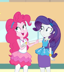 Size: 649x720 | Tagged: safe, screencap, pinkie pie, rarity, equestria girls, equestria girls specials, g4, my little pony equestria girls: better together, my little pony equestria girls: rollercoaster of friendship, bracelet, clothes, cropped, female, geode of shielding, geode of sugar bombs, jewelry, pantyhose, rarity peplum dress, skirt, smiling