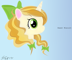 Size: 2565x2160 | Tagged: safe, artist:startledflowerpony, sweet biscuit, pony, unicorn, g4, bow, bust, female, hair bow, high res, mare, simple background