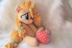 Size: 5472x3648 | Tagged: safe, artist:kazzysart, pear butter, earth pony, pony, g4, beanie (plushie), cute, female, freckles, irl, mare, pearabetes, photo, plushie, sitting, solo