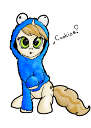 Size: 731x1027 | Tagged: safe, artist:tunrae, sweet biscuit, pony, unicorn, g4, adorabiscuit, clothes, cookie monster, costume, cute, dialogue, female, mare, simple background, transparent background