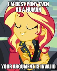 Size: 586x720 | Tagged: safe, edit, edited screencap, screencap, sunset shimmer, driving miss shimmer, equestria girls, equestria girls series, g4, argument, car, clothes, cropped, crossed arms, cute, cutie mark, discussion in the comments, eyelashes, eyes closed, female, geode of empathy, hand, image macro, meme, seatbelt, shimmerbetes, smug, solo, spikes, vest, your argument is invalid