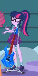 Size: 267x540 | Tagged: safe, screencap, sci-twi, twilight sparkle, equestria girls, equestria girls series, g4, rollercoaster of friendship, clothes, cropped, female, geode of telekinesis, glasses, guitar, ponytail, shoes, skirt, smiling, socks, solo focus