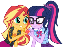 Size: 2111x1557 | Tagged: safe, artist:kingdark0001, sci-twi, sunset shimmer, twilight sparkle, equestria girls, equestria girls series, g4, blushing, clothes, female, geode of empathy, geode of telekinesis, glasses, heart eyes, heart hands, lesbian, magical geodes, ship:sci-twishimmer, ship:sunsetsparkle, shipping, simple background, sunset shimmer day, transparent background, wingding eyes