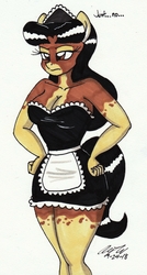 Size: 1390x2588 | Tagged: safe, artist:newyorkx3, oc, oc only, oc:crystal, anthro, breasts, busty crystal, cleavage, clothes, dialogue, female, maid, maid headdress, solo, traditional art, unamused