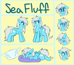Size: 2545x2257 | Tagged: safe, artist:graphene, oc, oc only, oc:sea fluff, pegasus, pony, beanbag chair, blushing, cute, cutie mark, drool, emotions, expressions, feather, female, flat colors, high res, mare, ocbetes, pillow, pouting, raised eyebrow, reference sheet, simple background, sketch, smiling, smirk, solo