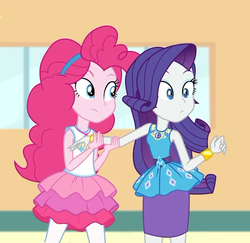 Size: 649x630 | Tagged: safe, screencap, pinkie pie, rarity, equestria girls, equestria girls specials, g4, my little pony equestria girls: better together, my little pony equestria girls: rollercoaster of friendship, clothes, cropped, geode of shielding, geode of sugar bombs, magical geodes, pantyhose, rarity peplum dress, skirt
