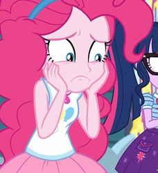 Size: 658x720 | Tagged: safe, screencap, pinkie pie, sci-twi, twilight sparkle, equestria girls, equestria girls specials, g4, my little pony equestria girls: better together, my little pony equestria girls: rollercoaster of friendship, clothes, cropped, geode of sugar bombs, sad
