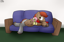 Size: 2158x1423 | Tagged: safe, artist:the-furry-railfan, fluttershy, oc, oc:winterlight, pegasus, pony, g4, bed mane, clothes, couch, lazy, morning, pants, plushie, resting, scarf
